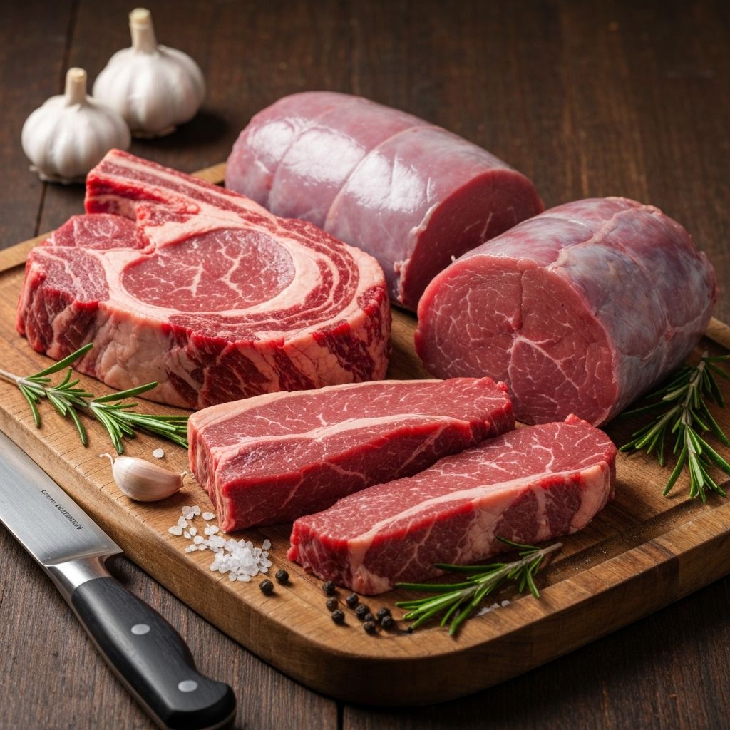 Seleccion de cortes de carne premium sobre tabla de madera